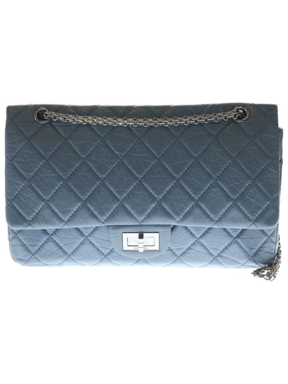 Chanel Quilted 2.55 Double Flap Chain Shoulder Bag Smoki Blue Leather Silver